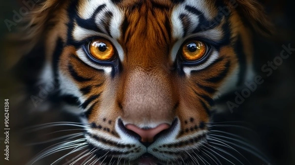 Fototapeta A tiger with a yellow eye staring at the camera