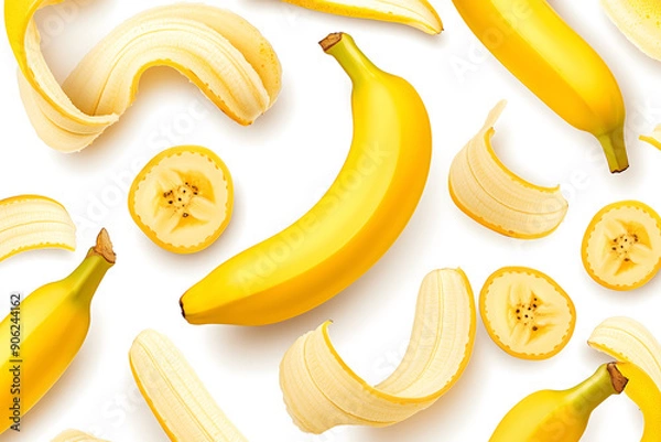 Obraz A seamless pattern illustration of banana slices and whole bananas floating.