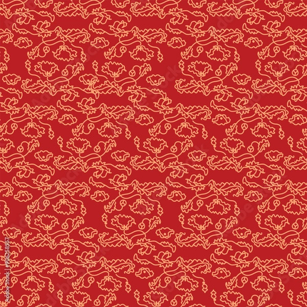 Fototapeta Japanese Flower Ivy Line Motif Vector Seamless Pattern