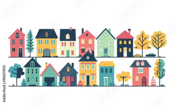 Fototapeta Colorful cartoon suburban houses, trees, car depicted. Residential neighborhood various architectural styles, flat design. Quaint community, cozy homes, autumn ambiance, serene suburb