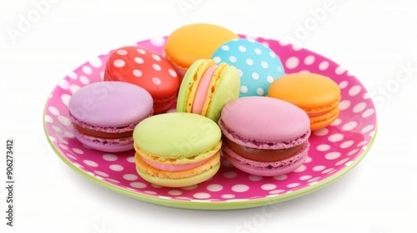 Fototapeta A plate of colorful macarons with a pink background. The macarons are in various colors and are arranged in a circle