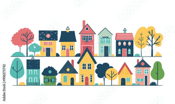 Fototapeta Colorful houses diverse architecture styles sizes trees. Quaint suburban neighborhood scene, vector illustration. Quirky townhouses illustration