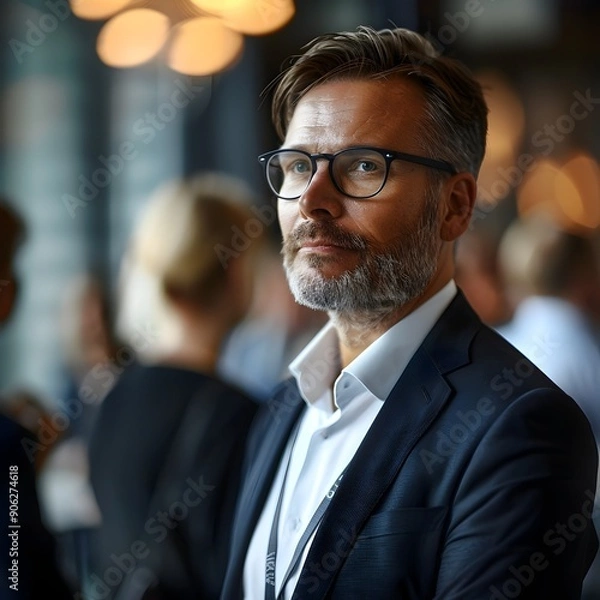 Fototapeta Business Leader Networking at an Industry Conference Exchanging Ideas with Peers in a Sophisticated Setting