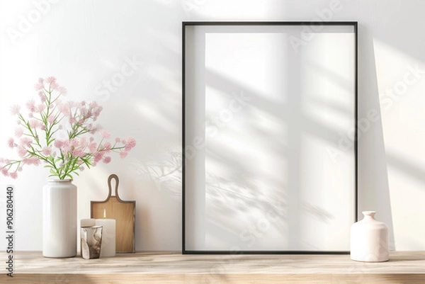 Fototapeta minimalist composition with blank canvas in a black frame, set against a backdrop of soft, natural light. The simple yet stylish decor
