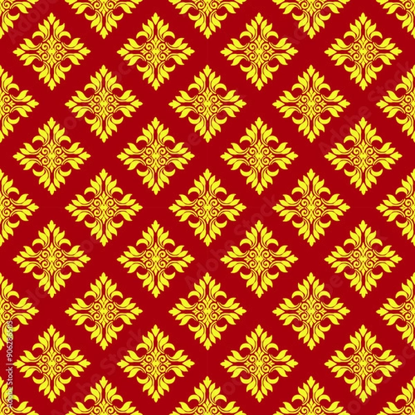 Fototapeta Red and gold damask vector seamless pattern. Ornate Damask flower ornament. Vector classical luxury old fashioned damask ornament, royal victorian seamless texture for wallpapers, textile, wrapping