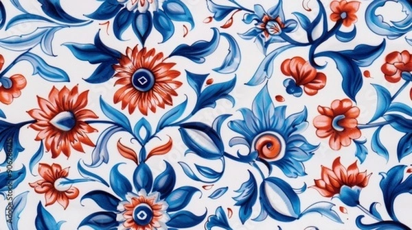 Fototapeta seamless pattern Sophisticated in vibrant blues and reds. Conveyed in watercolor