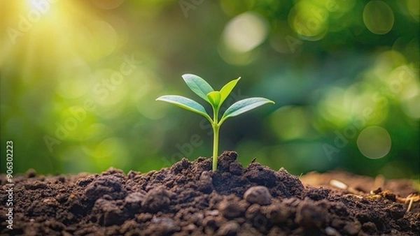 Fototapeta Young green plant emerging from fresh soil , growth, nature, botany, seedling, gardening, agriculture, sprout, leaves