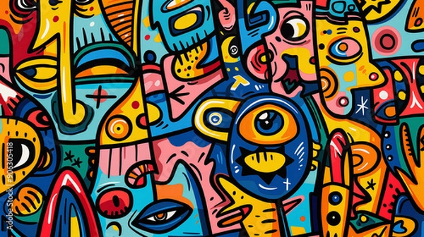 Fototapeta A colorful painting of various faces and objects