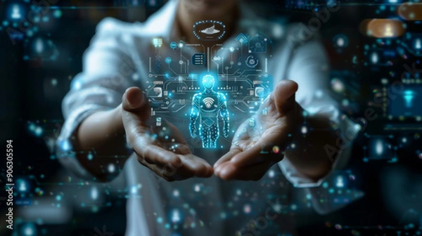 Fototapeta Analyst shows AI tool design work 1. hands 2. icons 3. holograms, white background