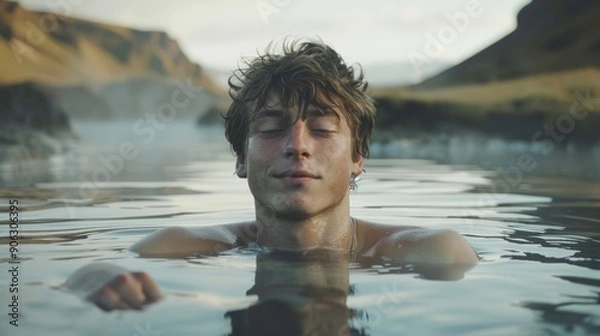 Fototapeta A young man enjoys a peaceful soak in a hot spring, surrounded by breathtaking nature