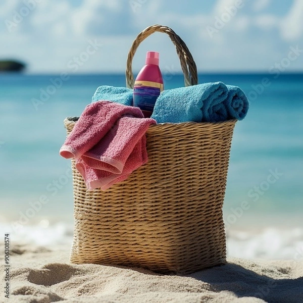 Fototapeta Beach Bag Essentials: Towels and Sunscreen Ready for Fun