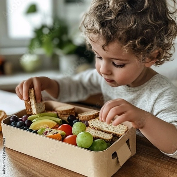Fototapeta Child Opening Reusable Lunch Box with Healthy Snacks