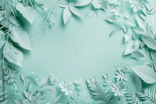 Fototapeta Elegant Green Paper Cut Background with Floral Design for Print, Card, Poster