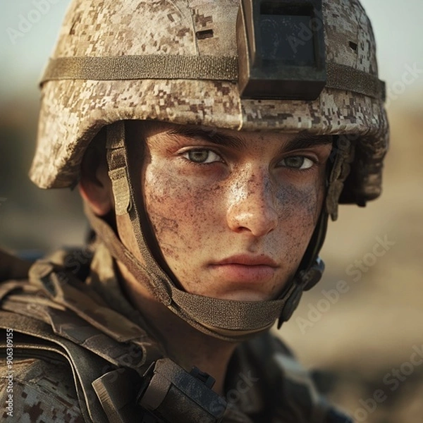 Fototapeta Generative AI Portrait of a Courageous Young Soldier