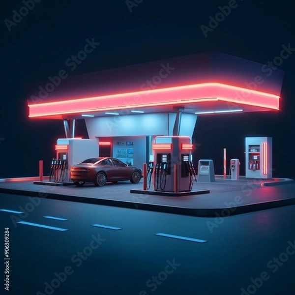 Fototapeta AI-Generated Image of a Modern Gas Station with Fuel and Charging Stations