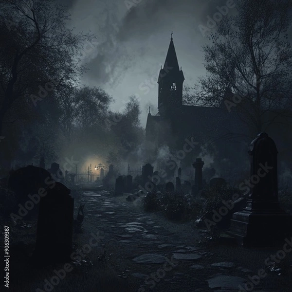Fototapeta AI-Generated Image of a Spooky Cemetery on Halloween Night