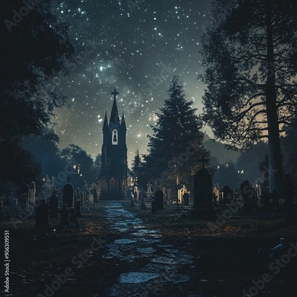 Fototapeta Generative AI Artwork: Dark and Mysterious Cemetery at Halloween