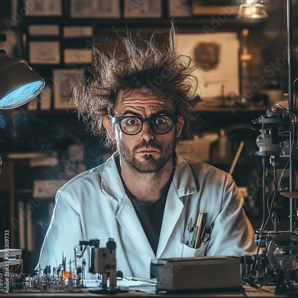 Fototapeta Crazy Scientist at Work: Funky Laboratory Scene Created with AI