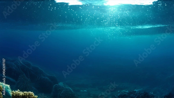 Fototapeta Underwater view with bubbles rising to the surface in a deep blue ocean.