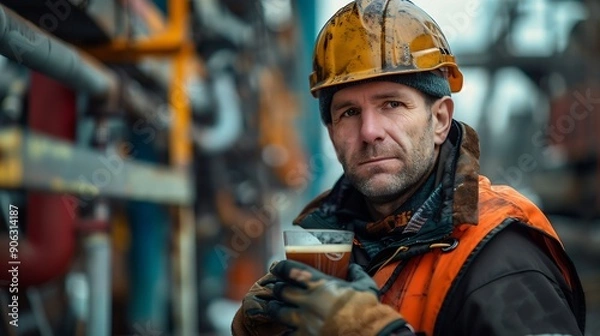 Fototapeta A construction worker at a construction site drinks coffee during a break builder man in a helmet and vest holding a glass of coffee a construction inspector in a helmet drinking coffe : Generative AI