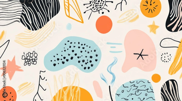 Fototapeta A playful doodle art header showcasing different shapes and textures, set against a light background for a cheerful and engaging design.