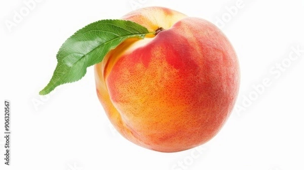 Fototapeta Peach with a stem, showcasing its vivid color and natural freshness, isolated background, perfect for marketing use with space for text