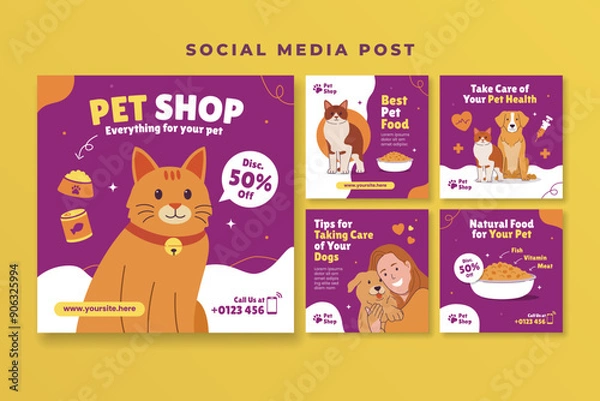 Fototapeta Pet shop social media post template with cat and dog vector illustration