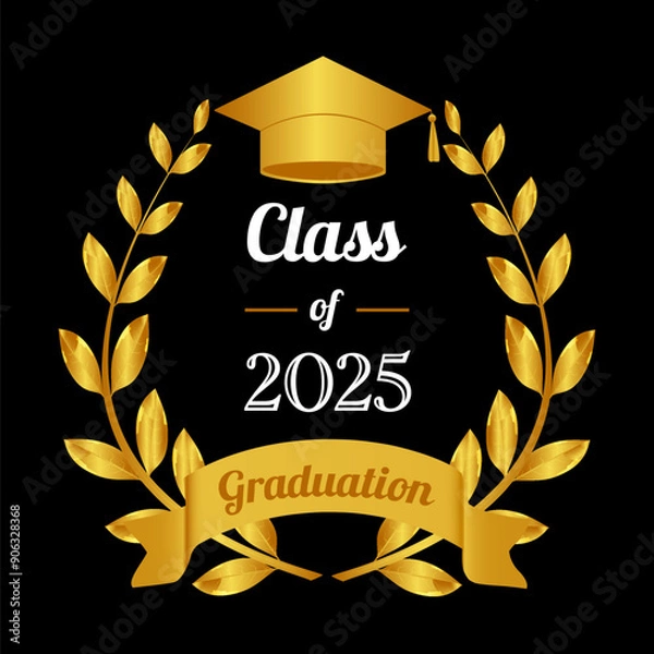 Obraz Class of 2025, Template of graduate 2025. Diploma certificate 20235 Laurel crown cap of graduate 2025 in vercor
