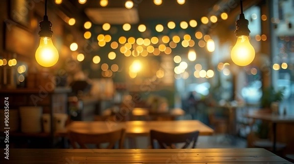 Fototapeta Blurred image of restaurant with light and bokeh for background usage Blur interior background : Generative AI