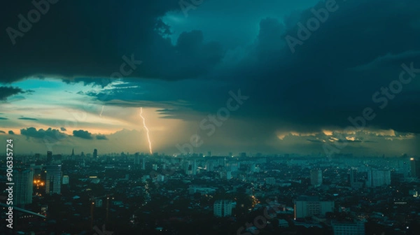 Fototapeta A dramatic cityscape highlighted by a bolt of lightning splitting the twilight sky, capturing nature's raw power.