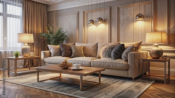 Fototapeta Cozy living room interior with a plush sofa, elegant coffee table, and soft lighting, Cozy, living room, interior design