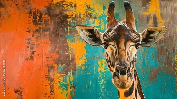 Fototapeta A giraffe's face, with its distinctive pattern and gentle gaze, framed against a vibrant, multicolored wall, blending natural grace with urban vibrancy in a striking composition