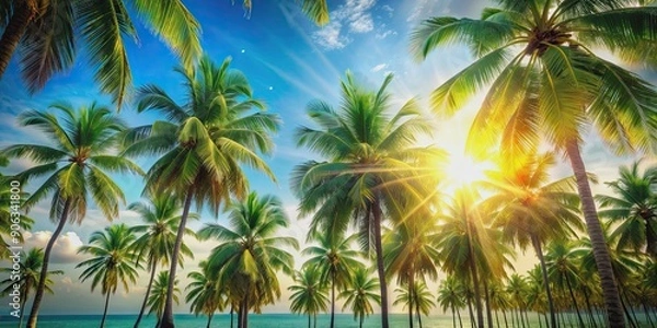 Fototapeta Tropical paradise scene with palm trees and sunlights creating a dreamy blur effect, Tropical, paradise, palm trees