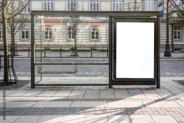Fototapeta Blank White Mockup Of Bus Stop Vertical Poster Billboard In Front Of Empty Street Background