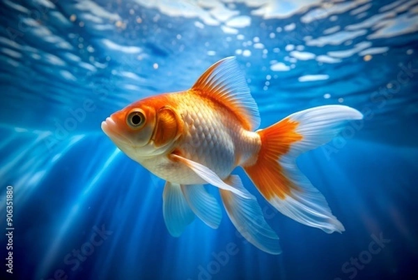 Fototapeta Orange and white goldfish swimming in a clear blue water. Simple and serene underwater scene with a single goldfish.