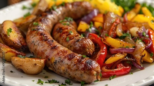 Fototapeta sweet italian sausage with red roasted potatoes served with sauteed peppers and onions
