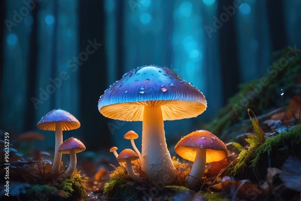 Fototapeta autumn leaves with moss on the ground and glowing mushroom in the forest.