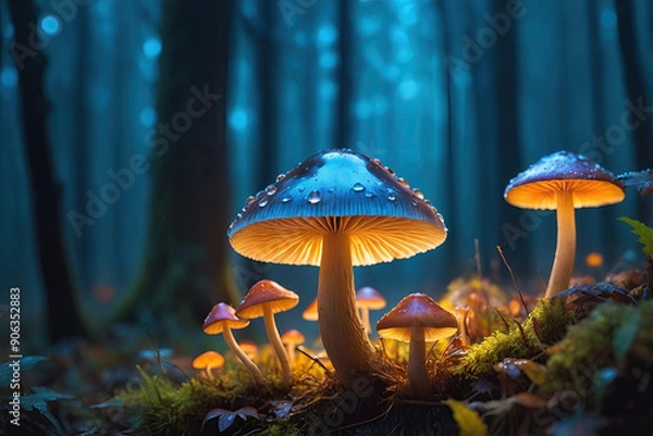 Fototapeta autumn leaves with moss on the ground and glowing mushroom in the forest.