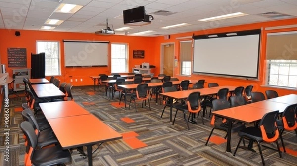 Fototapeta Modern classroom setup with bright orange walls, multiple desks, chairs, and three projection screens, ready for a presentation or lecture.