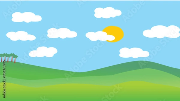 Fototapeta illustration of a view of a green meadow with trees on the edge