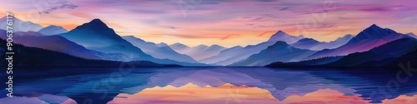 Fototapeta Minimalist landscape at twilight with serene lake reflecting soft hues of the setting sun Silhouettes of towering mountains in the distance against a colorful sky painted in shades of purple