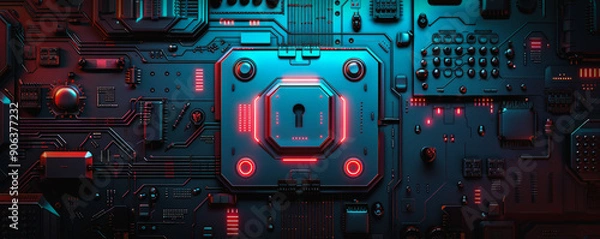 Fototapeta A close up of a computer chip with a red lock on it