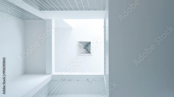 Fototapeta A minimalist architectural shot looking up inside a white, geometric space, capturing clean lines and symmetry.