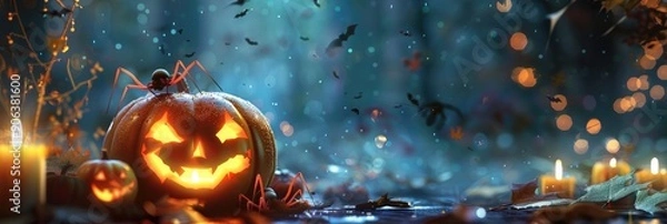 Fototapeta Glowing Jack o lanterns candlelight and spooky Halloween spiders in the dark
