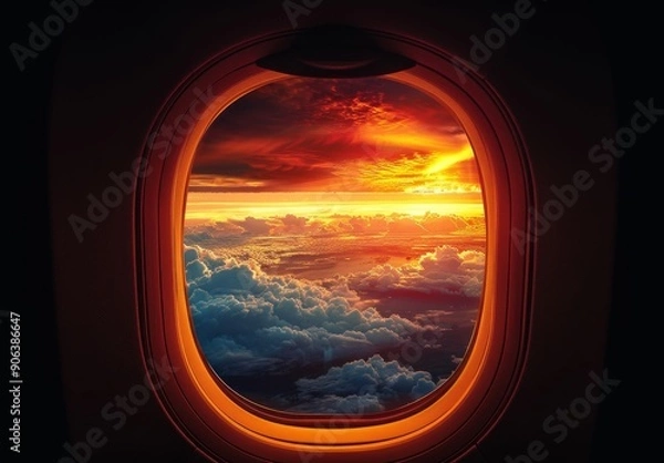 Fototapeta A beautiful view from an airplane window of colorful sunset skies with clouds, porthole, aerial shot, scenic photography