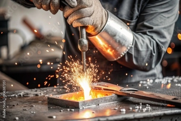 Fototapeta Work at the factory. Working professions. Men's hands in protective gloves with metal. There are sparks around. Hard work that requires high concentration and professionalism.