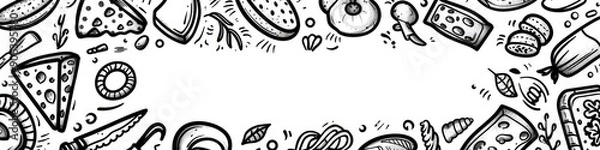 Fototapeta Simple line illustration of a graffiti ornament frame with charcoal doodles strokes and sketches featuring dairy products herbs meat and baking ingredients