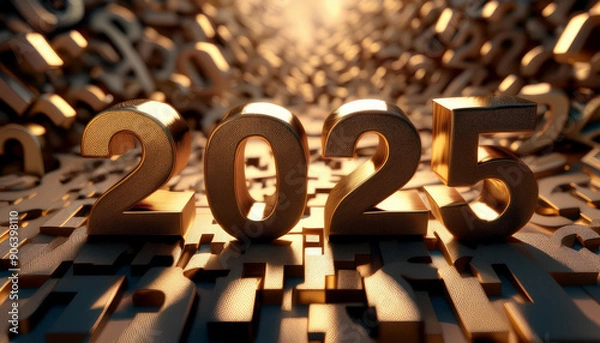 Obraz 金。西暦。2025。金のオブジェ。重厚で重い鉄鋼や樹脂が立体的に自立し、厚みのある金属感を放つ。ゴールドの輝きは磨かれたメタル。金メッキ。硬い。周囲には転がった数字。削りや研磨を経て美しい。混沌とした時代。今後の行く末。未来はどうなる。
