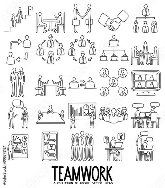 Fototapeta Teamwork Related Doodle vector icon set. Drawing sketch illustration hand drawn line eps10