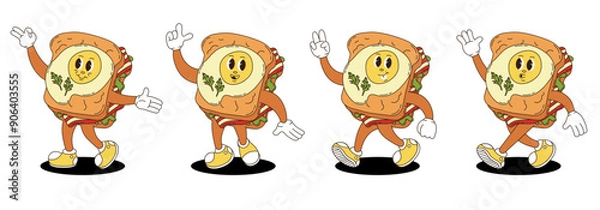 Fototapeta Retro groovy sandwich with fried egg and bacon characters set. 